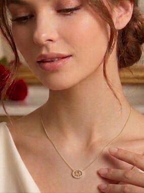 Christian Dior Vintage Gold Crystal Oval Logo Pendant Necklace Y2K Germany